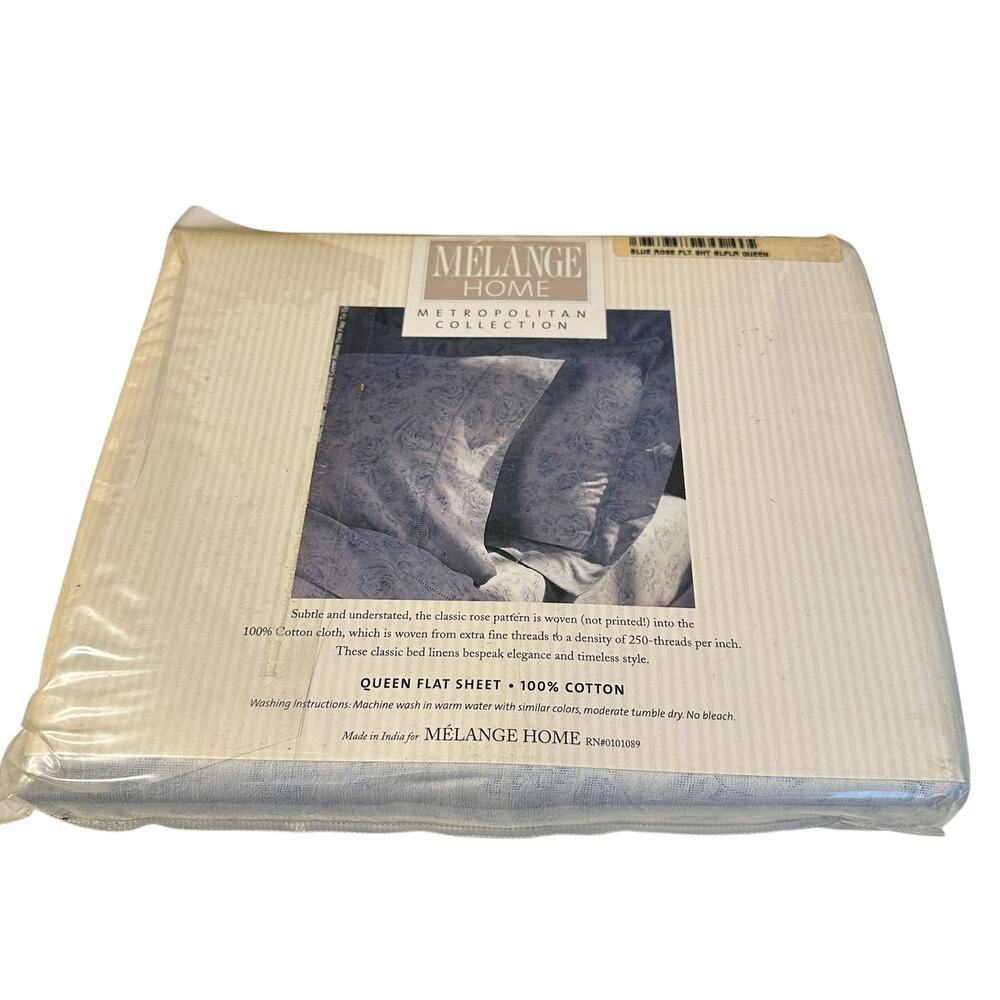 Melange Home Metropolitan Collection Queen Flat Sheet 100% Cotton Blue Rose NEW
